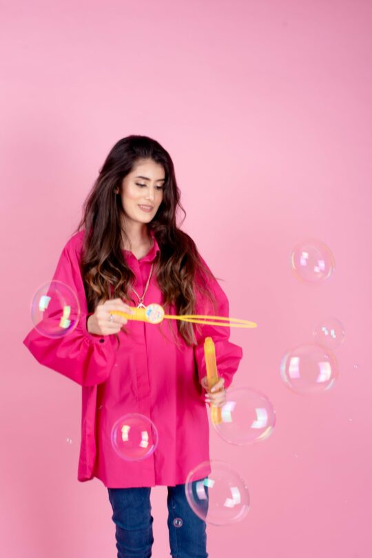 Balloon sleeve, Pink button down shirt.
