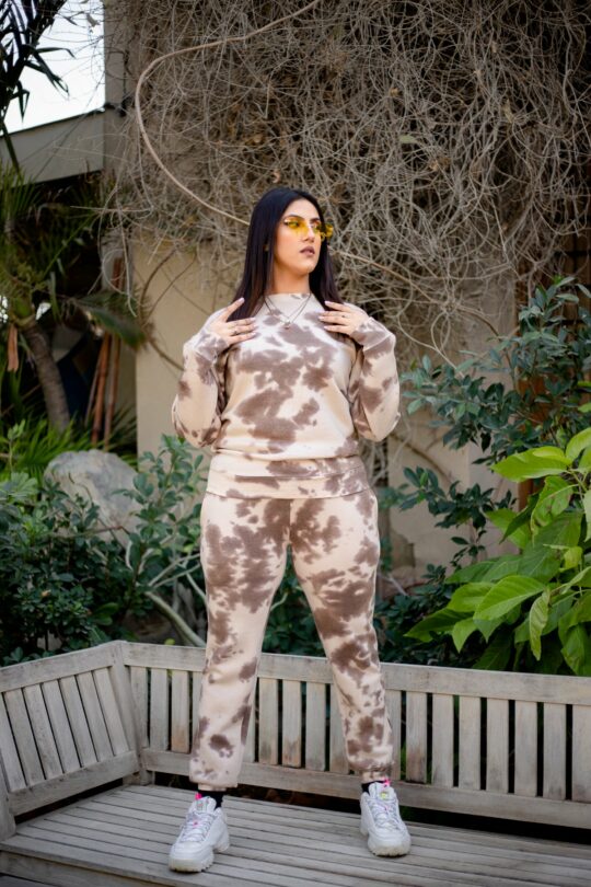 Beige And Brown Tie Dye Full Sleeves Tee + Lower