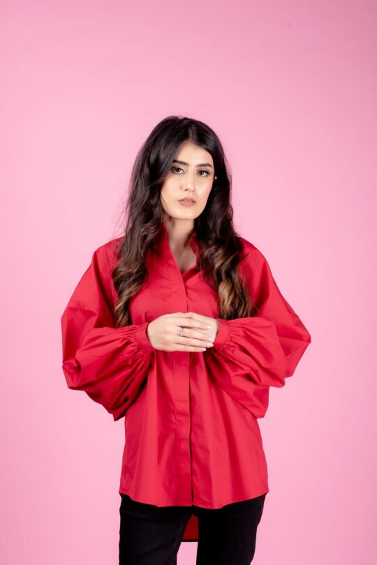 Balloon sleeve Red, button down shirt.