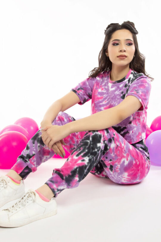 Pink And Black Tie dye (Crop Tee +Lowers)