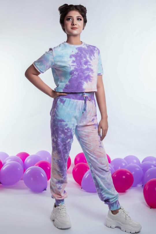 Purple and Blue Tie dye Crop Tee +Lowers